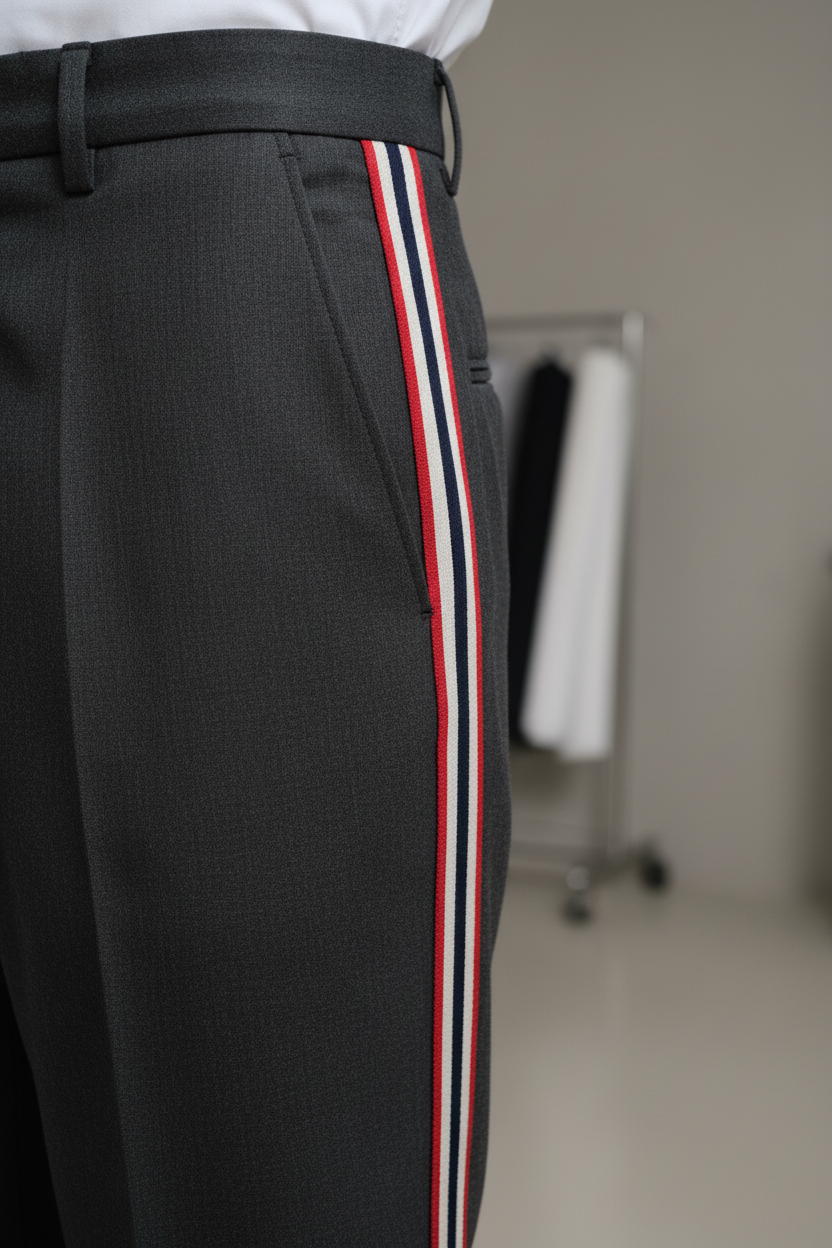 Banda jacquard a righe rosse, bianche e blu applicata su pantalone sartoriale