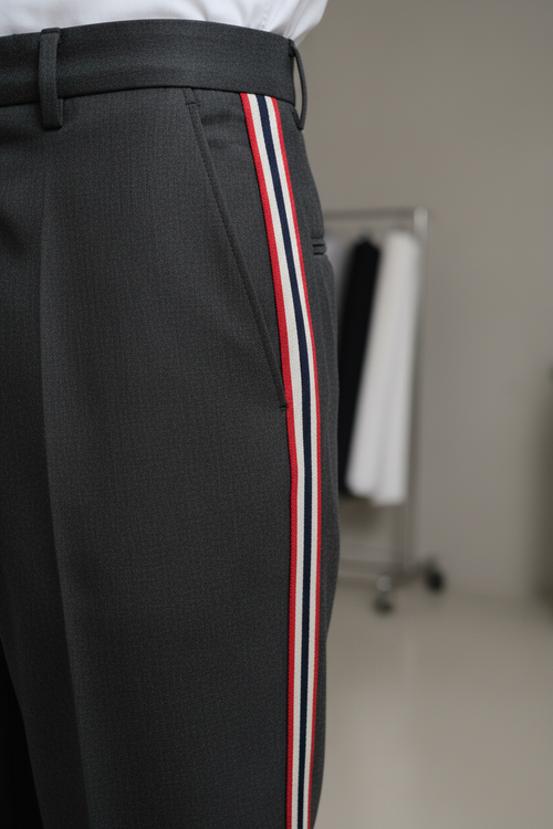 Banda jacquard a righe rosse, bianche e blu applicata su pantalone sartoriale