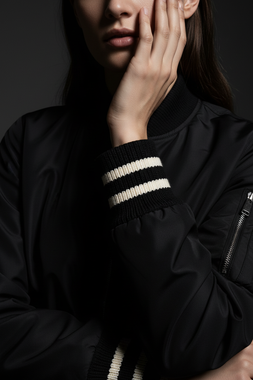 Modella con balza 2x1 ribbed su bomber